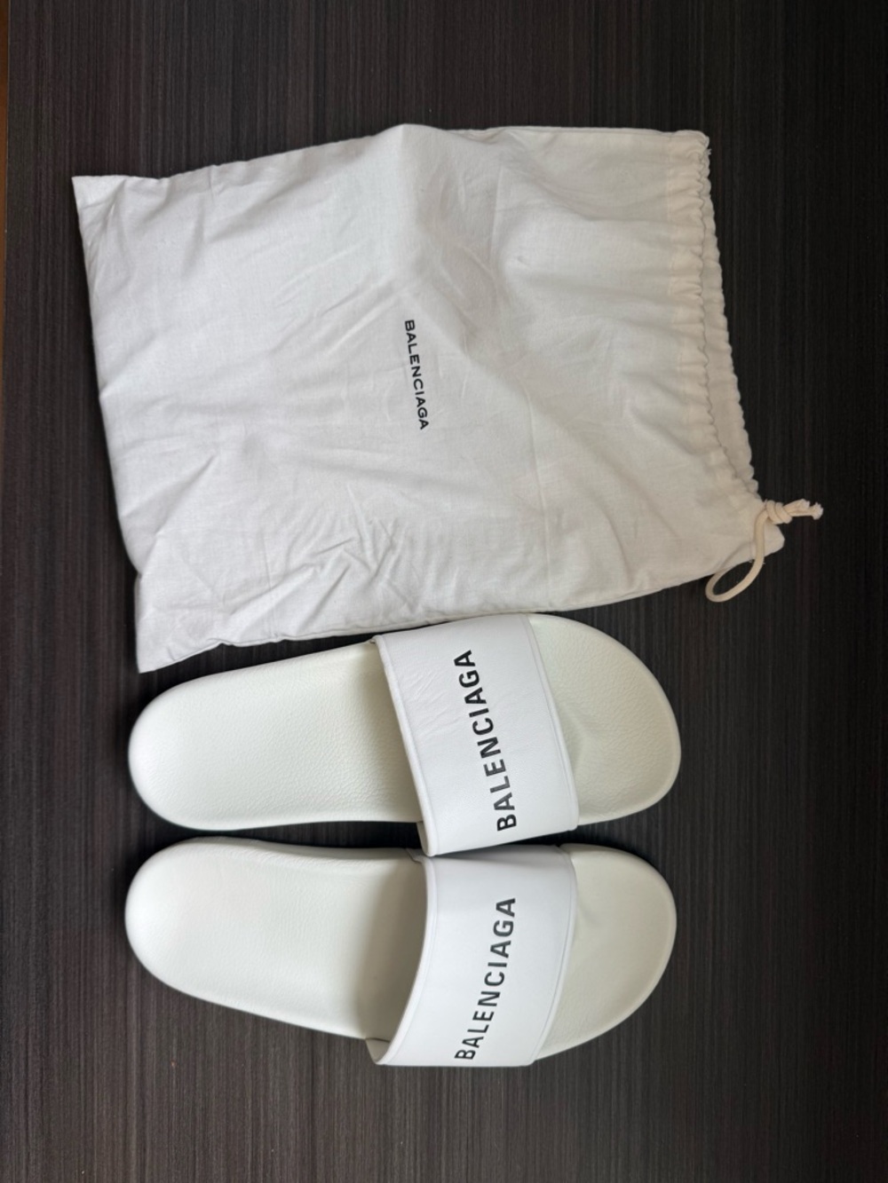 Balenciaga White Logo Slide Sandals with Drawstring Dust Bag